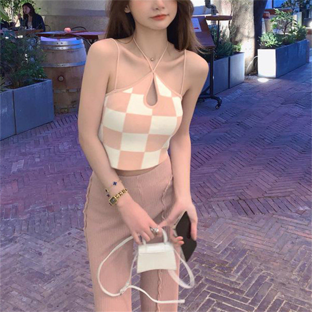 Pink Checkered Halter Crop Top - Peach Pink White Checkerboard Keyhole Cutout Strappy Crop Top for Women