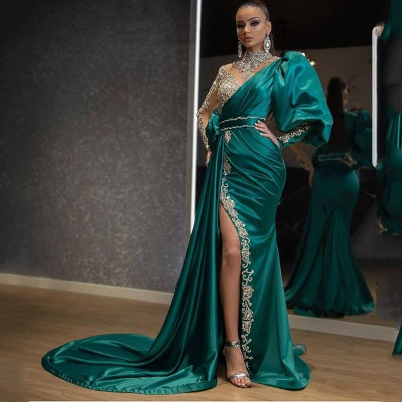 Elegant Fishtail Evening Dress – Green Satin Gown with Shoulder Strap & Gold-Plating Details