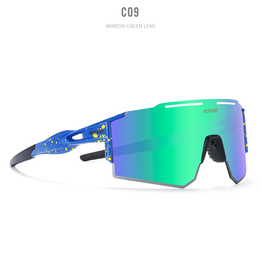 Blue yellow speckled sport sunglasses with green-blue-purple iridescent mirrored shield lens