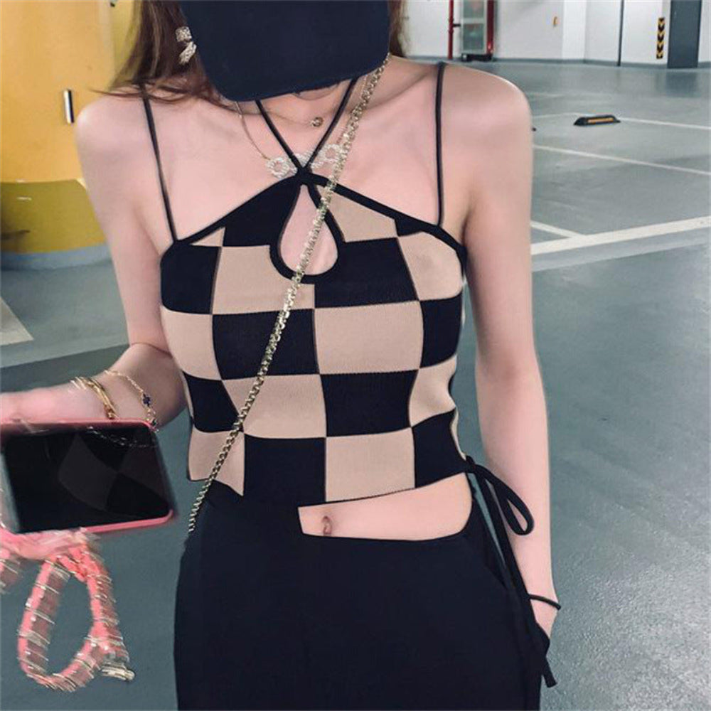 Black Checkered Halter Crop Top - Black and Beige Checkerboard Keyhole Cutout Strappy Cutout Crop Top for Women