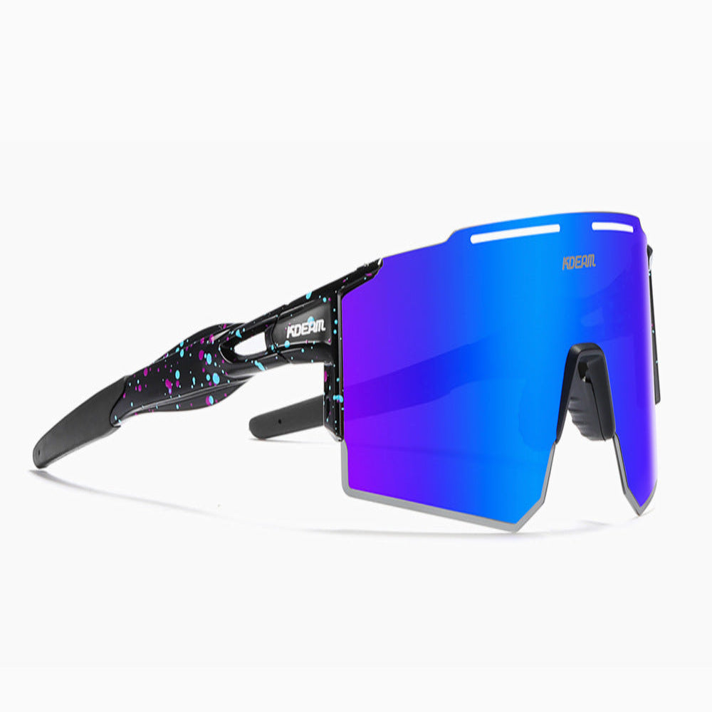Sunglasses with blue reflective lenses on a white background