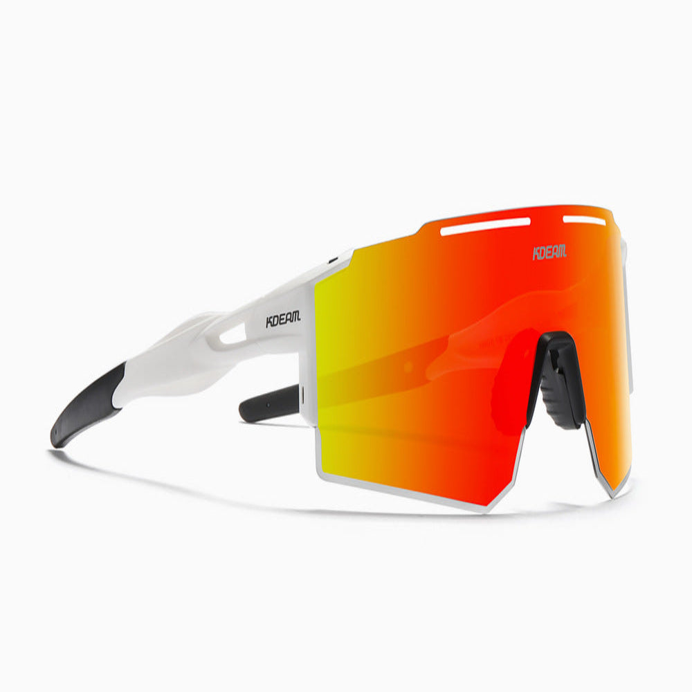 Sunglasses with orange reflective lenses on a white background