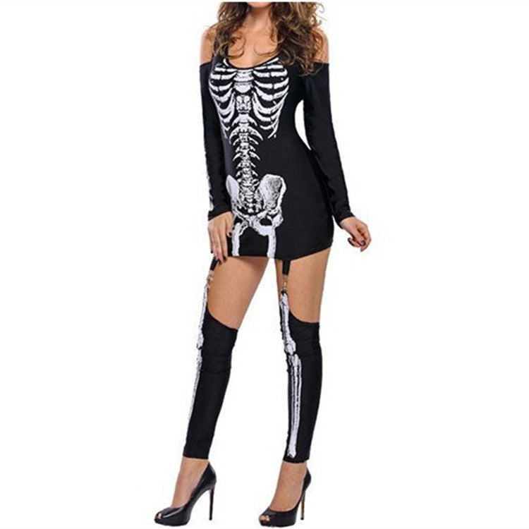 Skull Skeleton Print Off-Shoulder Costume - Halloween 2025