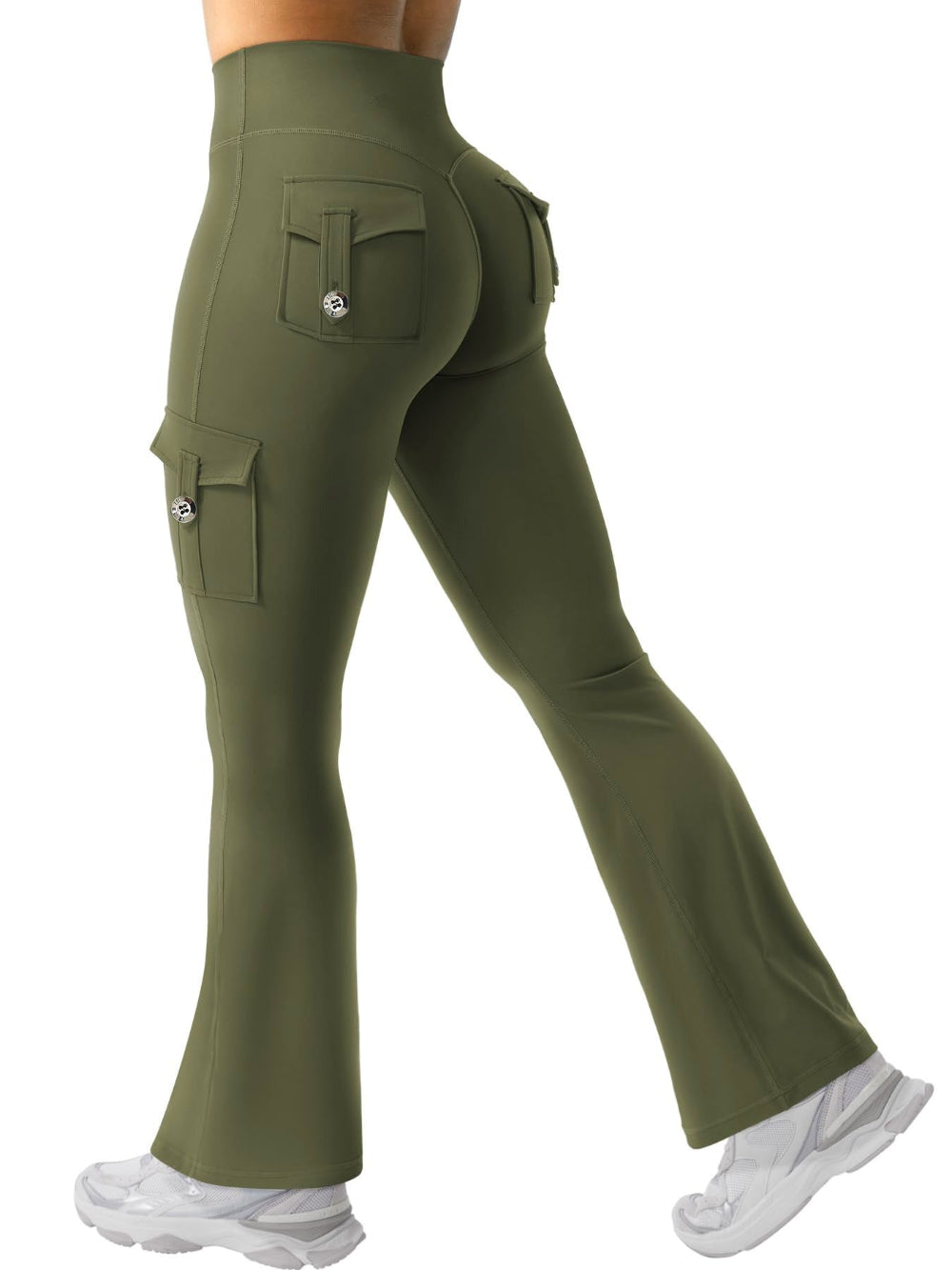 Woman modeling olive green high-waisted flared cargo pants with side and back pockets, shown from a rear three-quarter view against a clean white studio background.