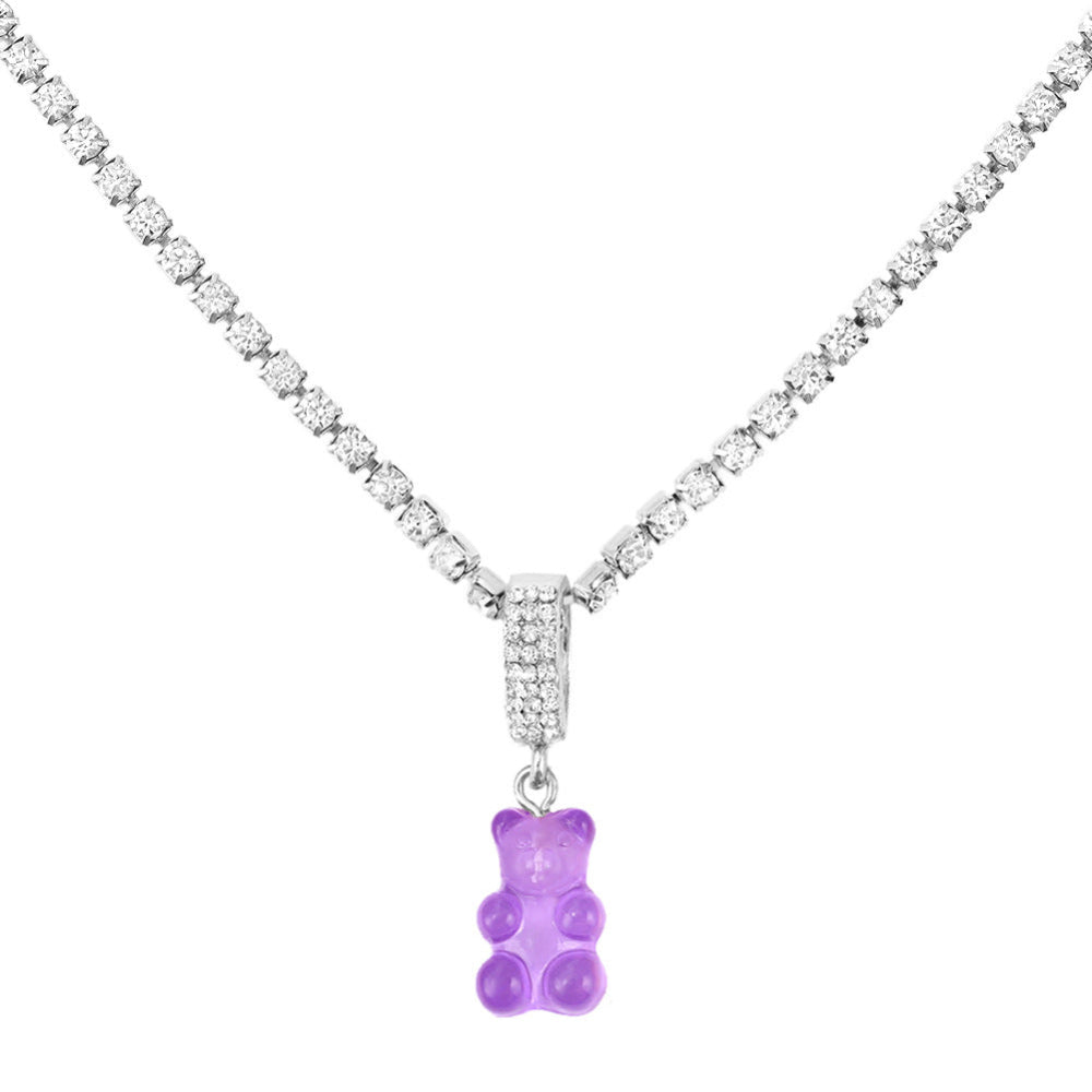 Tennis chain necklace with purple gummy bear pendant – trendy silver bling chain with fun bear charm, statement jewelry.