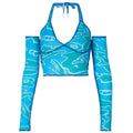 Blue mesh halter crop top with wavy abstract print, long sleeves, and tie closure at the neck, shown flat lay on white background.