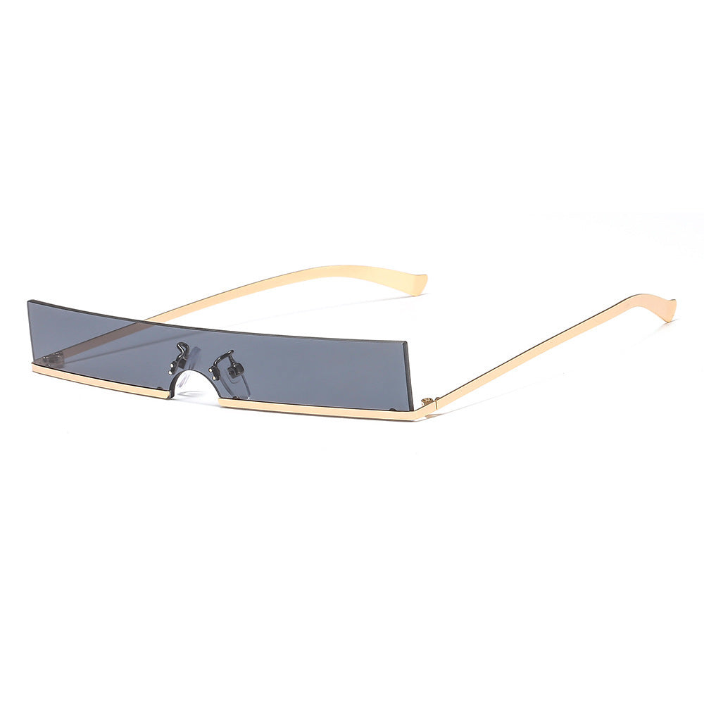 Rimless rectangular sunglasses with dark-gray lenses and gold temples, product photo on a white background.