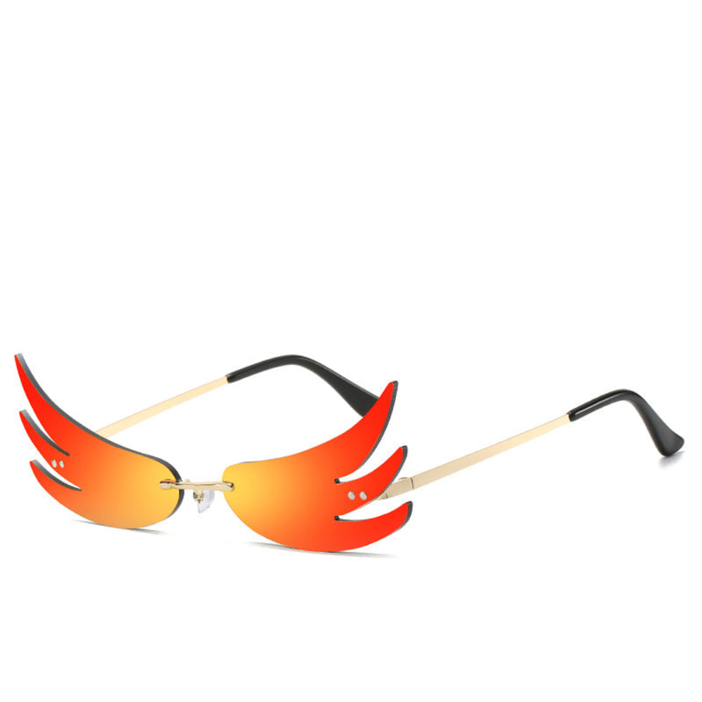 Rimless orange-red wing-shaped sunglasses with gold temples, product photo on a white background.