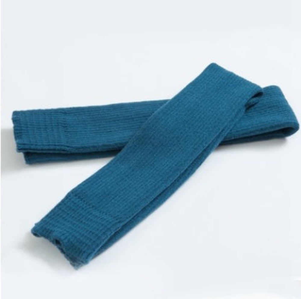 Teal ribbed knit leg warmers, product photo on a white background.
