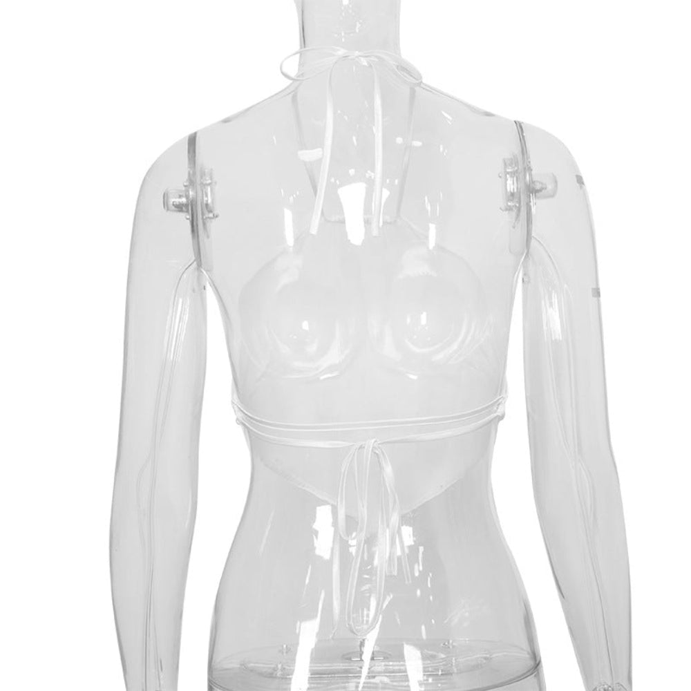 White halter bikini top with tie closures at neck and back, displayed on a clear mannequin.