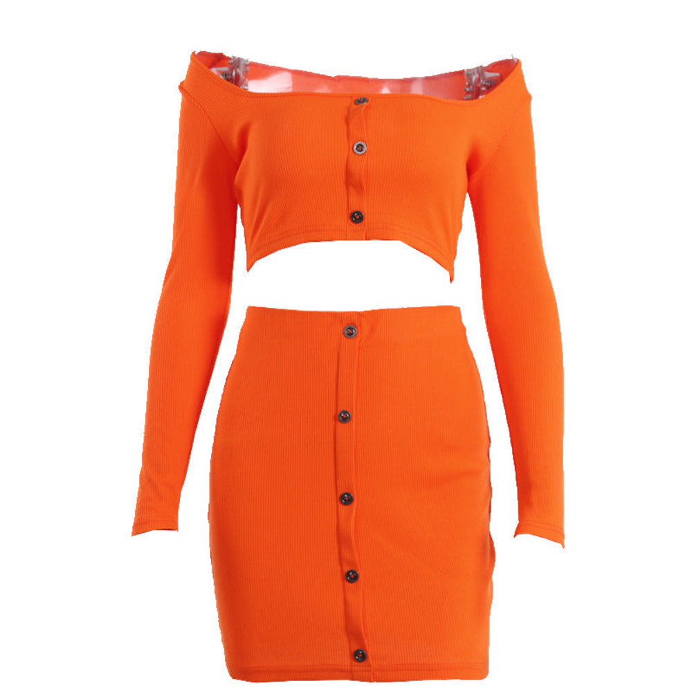 Bright orange off-shoulder long-sleeve button-front ribbed crop top and matching button-front mini skirt set displayed against white background.