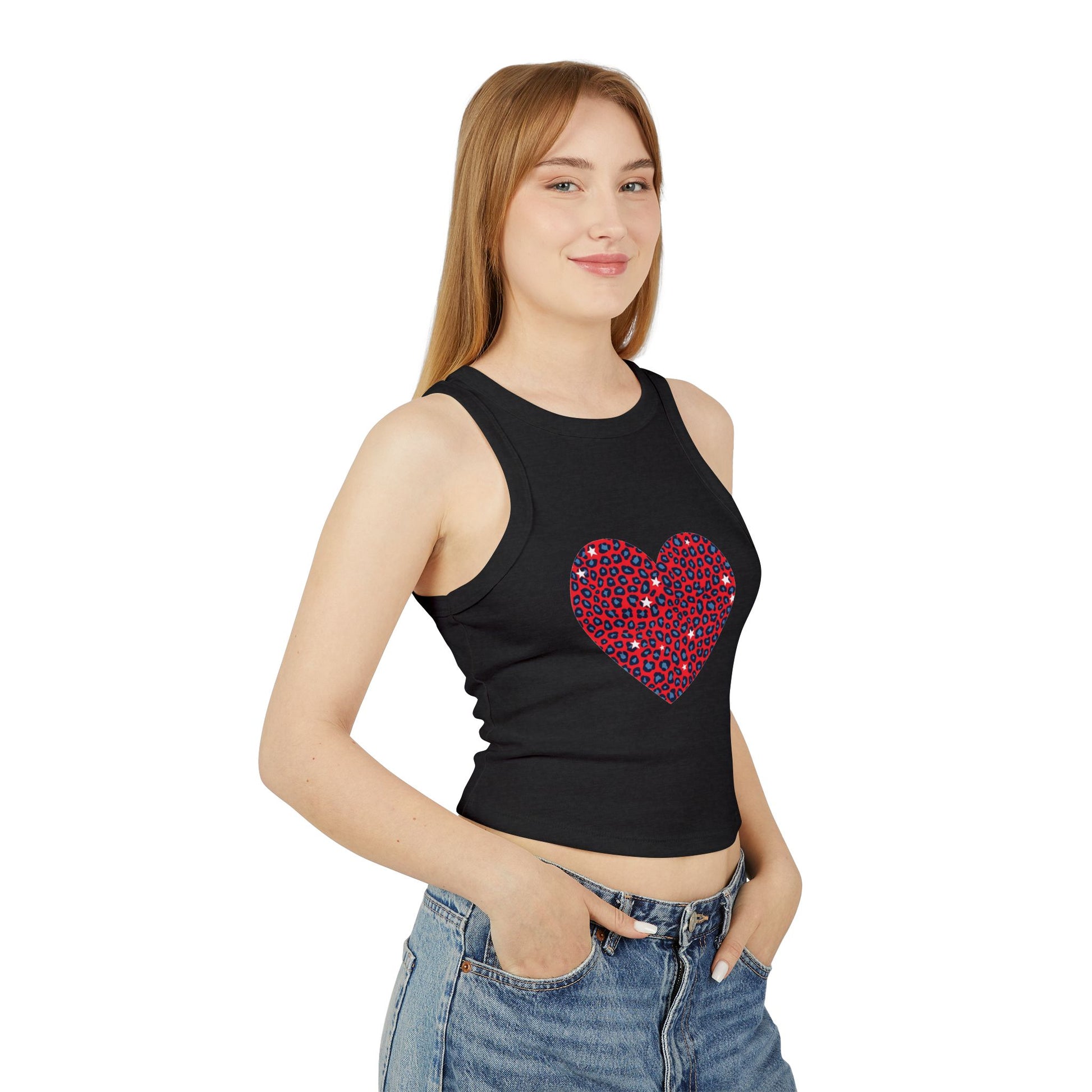 4th of July Red Heart Cheetah Print Women's Micro Rib Racer Tank Top