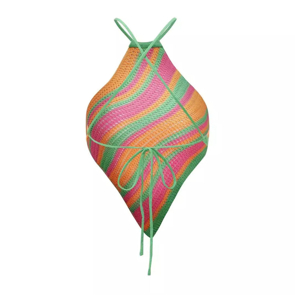 Multicolor striped ribbed knit halter top with green crisscross ties and drawstring on white background.