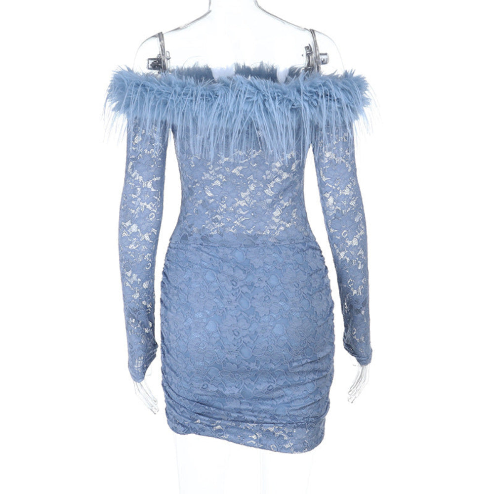 "Light blue long-sleeve off-shoulder lace mini dress with dramatic feather detailing on the neckline and shoulders, ruched skirt, shown on a transparent mannequin against a plain white background."