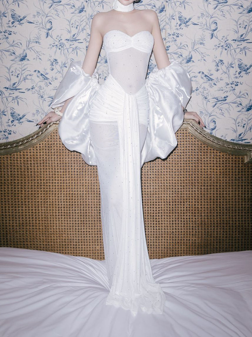 Two-piece White Strapless Sequined Maxi Dress