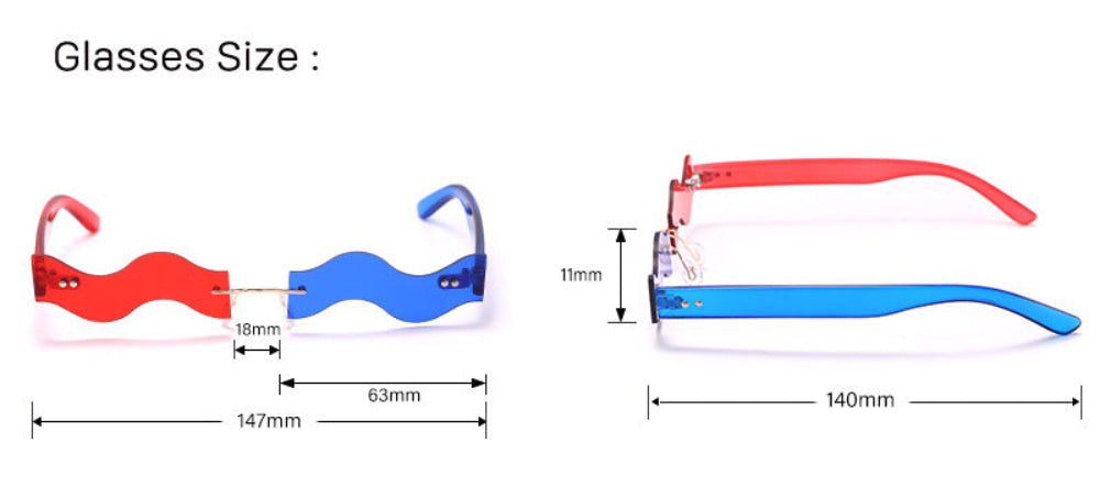 Size chart for rimless wavy sunglasses showing 147mm width, 63mm lens, 18mm bridge, 140mm temple length, and 11mm lens height.