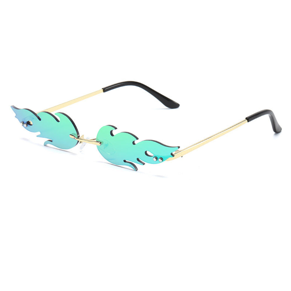 Rimless flame-shaped sunglasses with teal-green lenses and gold temples, product photo on a white background.