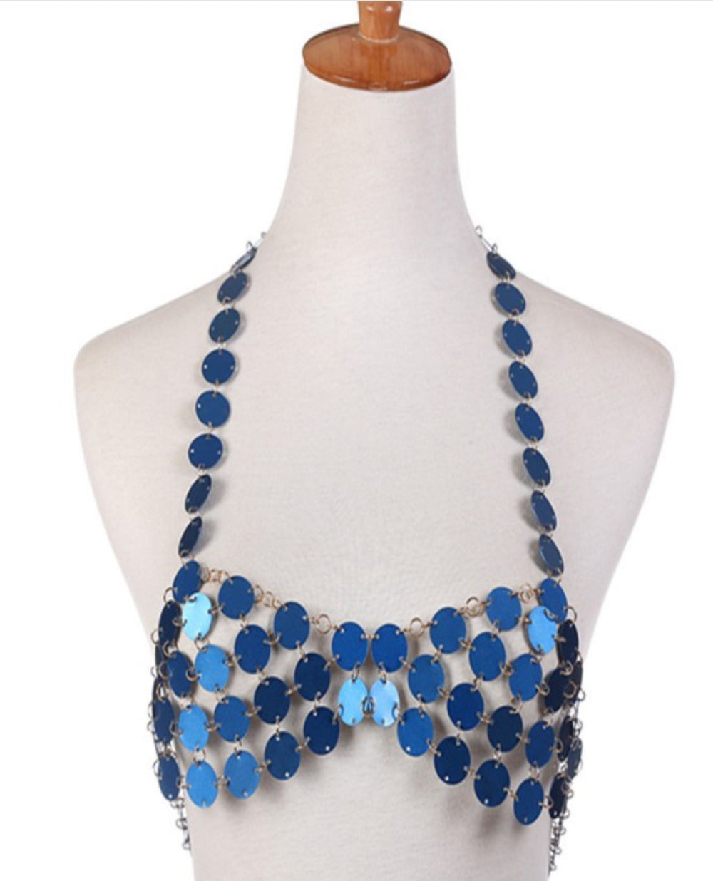 Blue coin disc halter top with multi-row dangling sequin design, displayed on a mannequin.