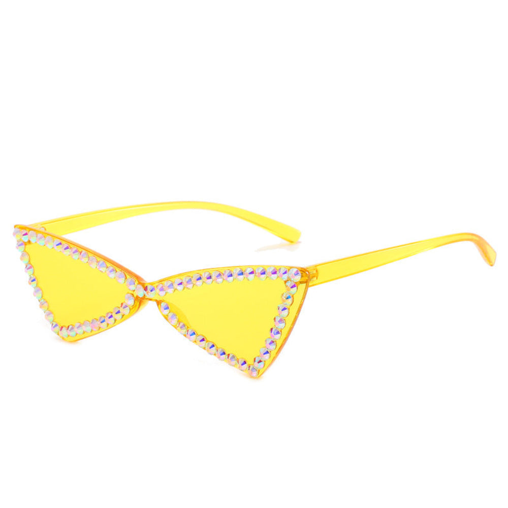 Yellow triangle sunglasses with iridescent rhinestone frames, product photo on a white background.