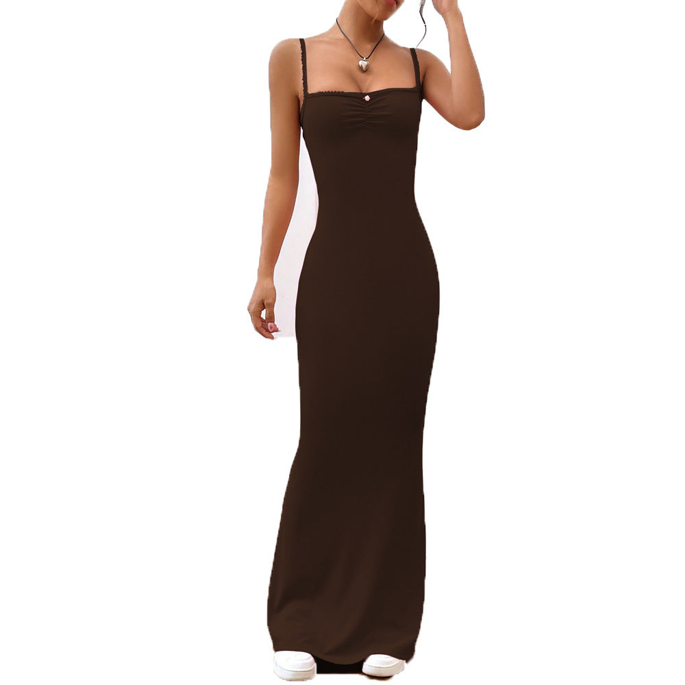 Women's Sexy Spaghetti Strap Maxi Dress – Solid Color Hip Skirt in Pink & Dark Brown