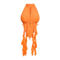Orange halter ruffle top with keyhole neckline, metal ring detail at the waist, and long cascading asymmetrical fringe, shown on white background.
