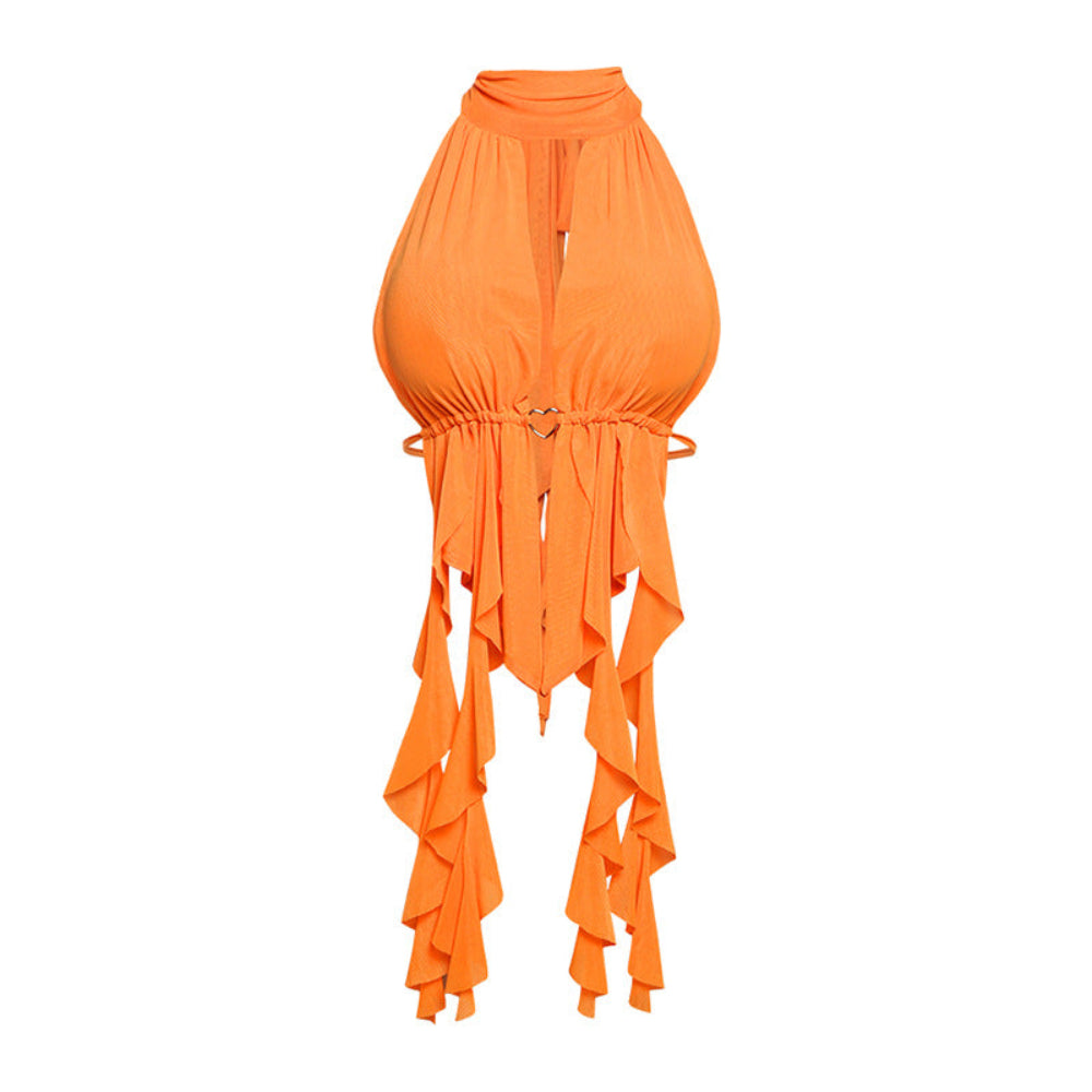 Orange halter ruffle top with keyhole neckline, metal ring detail at the waist, and long cascading asymmetrical fringe, shown on white background.