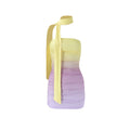 "Yellow and purple ombre one-shoulder ruched mini dress featuring a dramatic long fabric tie, shown on mannequin."
