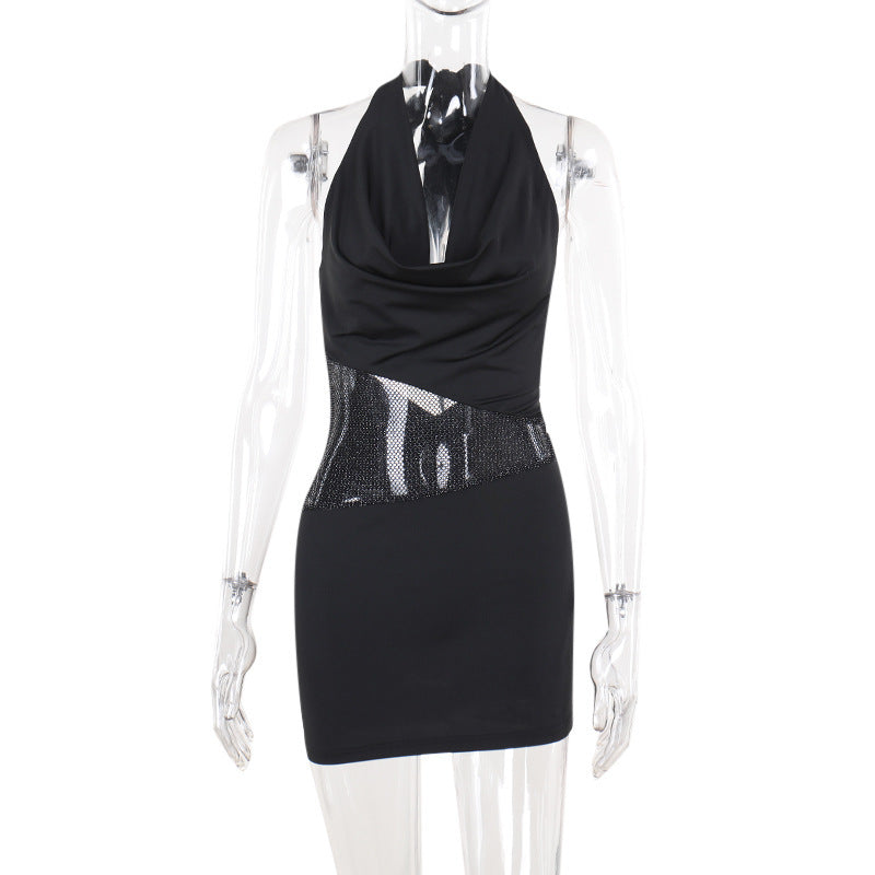 Halter Mini Dress - U-Neck Sequin Mesh