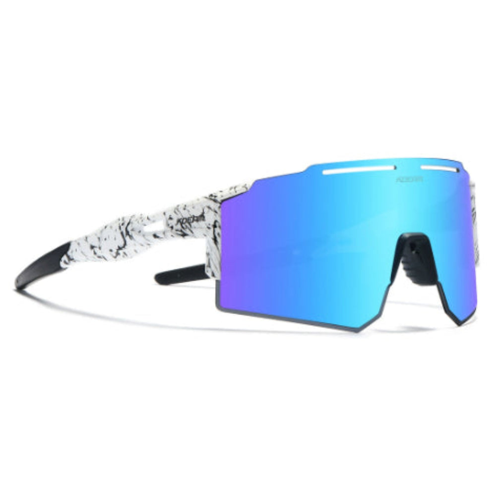 White and black marbled Oakley-style sport sunglasses with blue-purple iridescent mirrored shield lens
