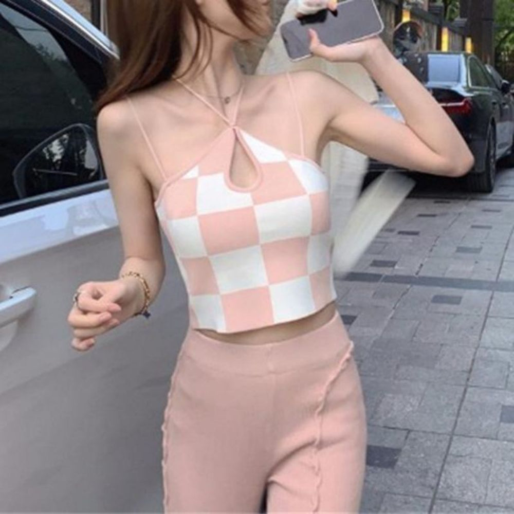 Pink Checkered Halter Crop Top - Pink and White Checkerboard Keyhole Cutout Crisscross Strappy Crop Top for Women