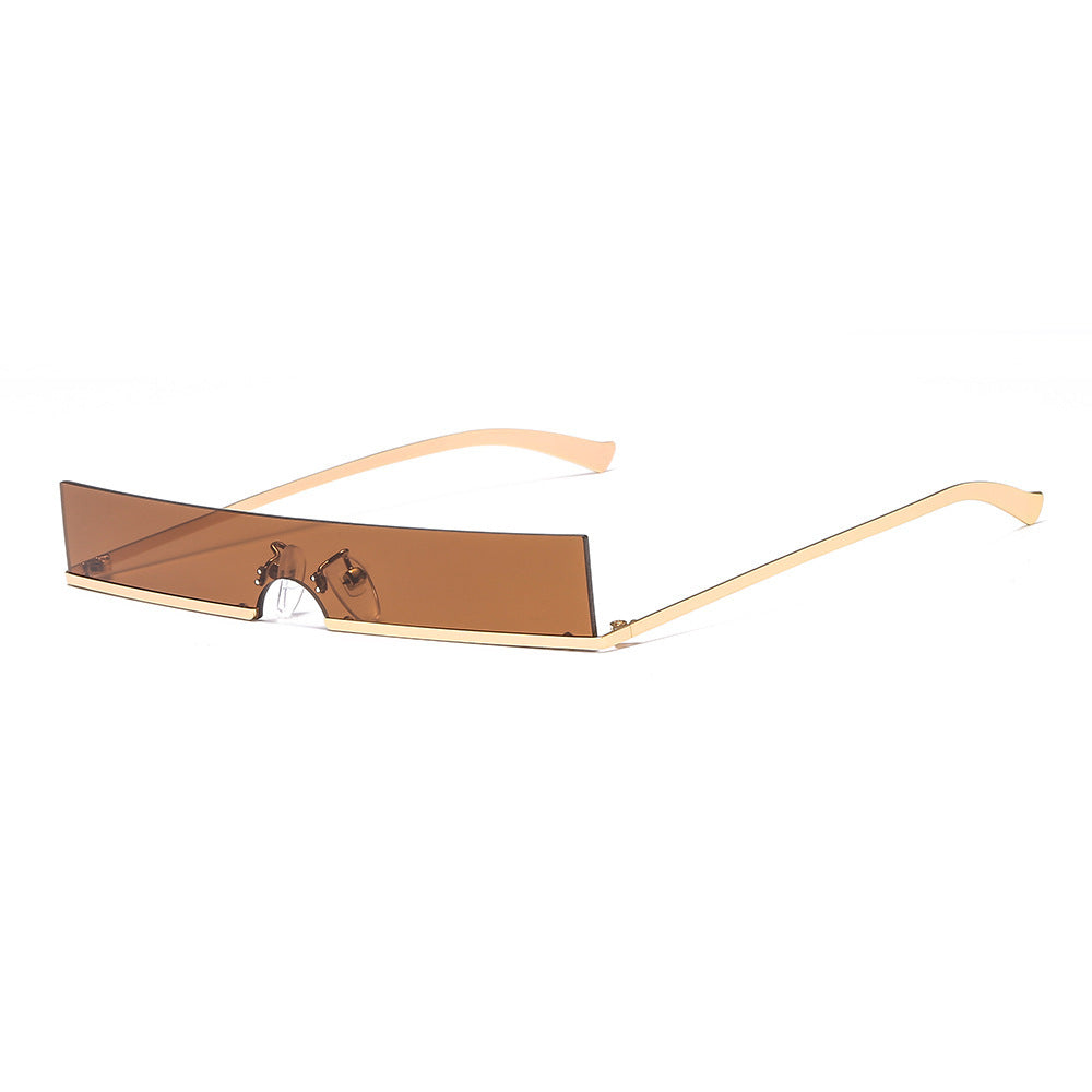 Rimless rectangular sunglasses with brown lenses and gold temples, product photo on a white background.