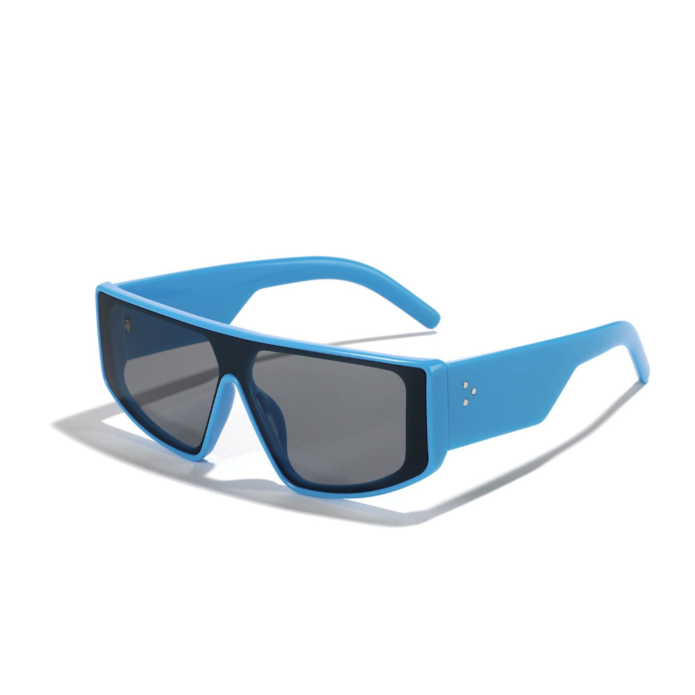 Blue sunglasses with black lenses on a white background
