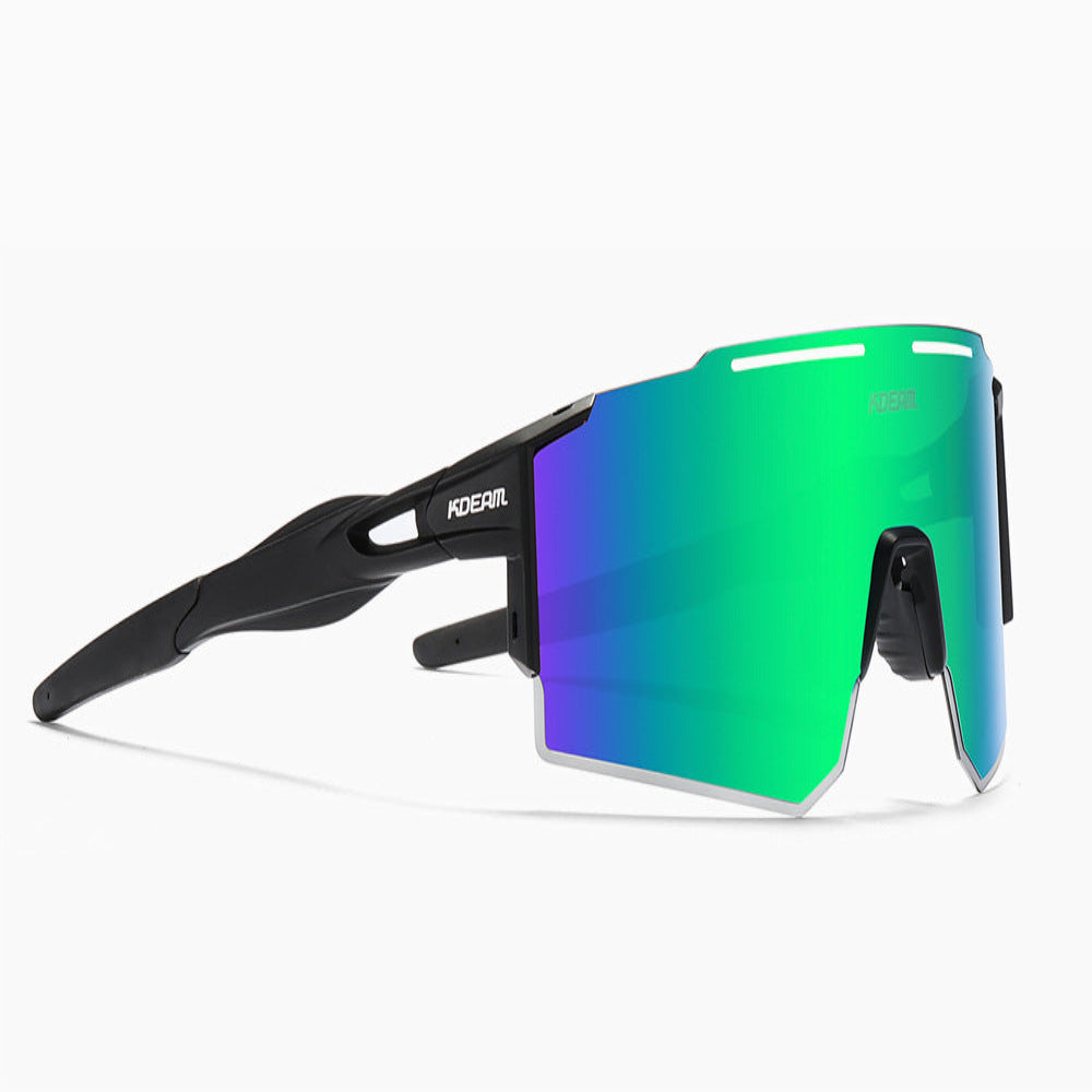 Sunglasses with black frame and multicolored lenses on a white background