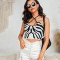 Zebra Print Crisscross Halter Crop Top - Black and White Animal Print Strappy Keyhole Knit Crop Top for Women