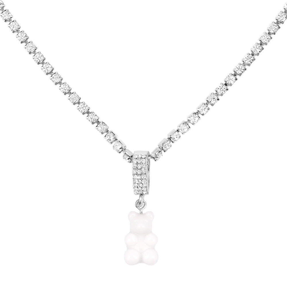 Tennis chain necklace with clear white gummy bear pendant – trendy silver bling chain with fun bear charm, statement jewelry.