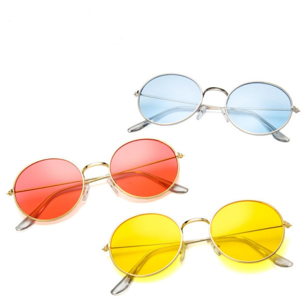 Three pairs of stylish gold metal round sunglasses featuring light blue, vibrant red, and bright yellow tinted lenses, displayed together