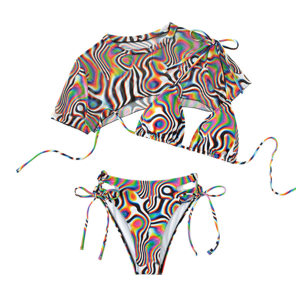 Multicolored tie-dye bikini set on a white background