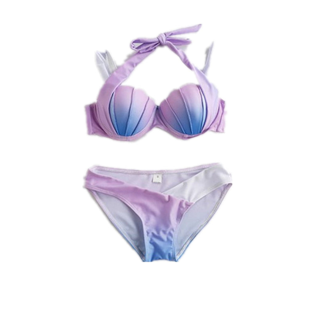 Purple and blue bikini set on a white background