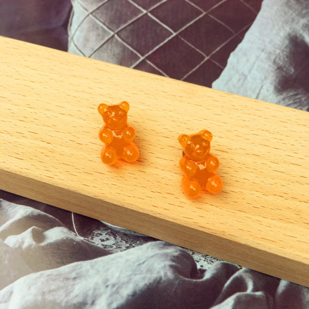 Bright orange translucent gummy bear stud earrings, cute jelly candy bear design with earring posts