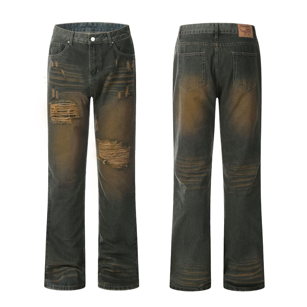 Dark gray black distressed ripped jeans with knee holes and faded wash, front and back view.