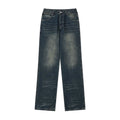 Dark blue wide-leg distressed jeans with subtle fading and whiskering details, laid flat on a white background. Casual unisex-style denim product photography for Boutique Jolie.
