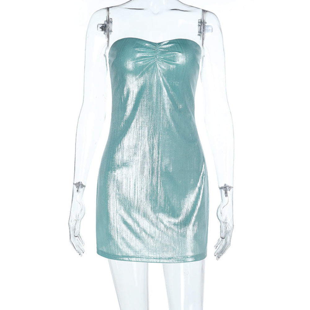 Shimmering teal metallic strapless mini dress with ruched bust detail, displayed on a transparent mannequin against a plain white background."