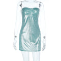 Shimmering teal metallic strapless mini dress with ruched bust detail, displayed on a transparent mannequin against a plain white background."