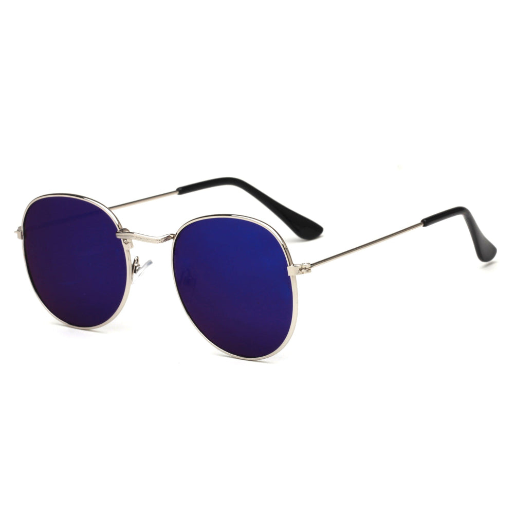 Silver round sunglasses with bright blue mirrored lenses and black arms