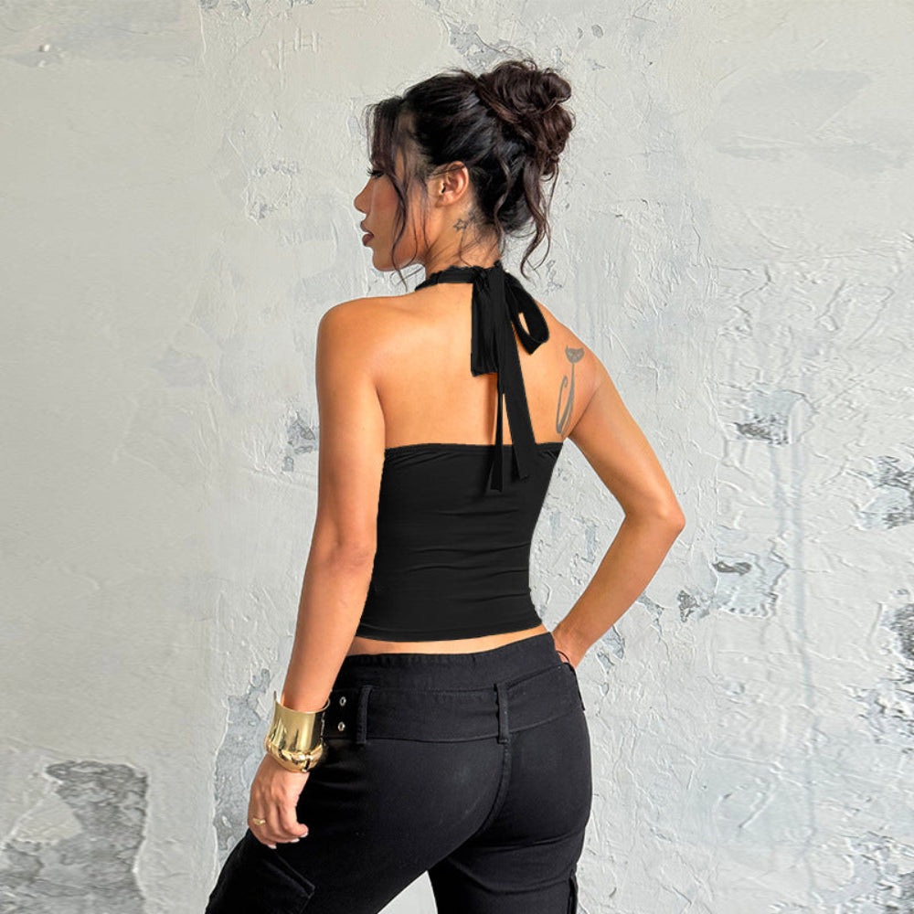Black Halter Crop Top - Open Back Tie Closure Ribbed Sleeveless Fitted Crop Top for Women