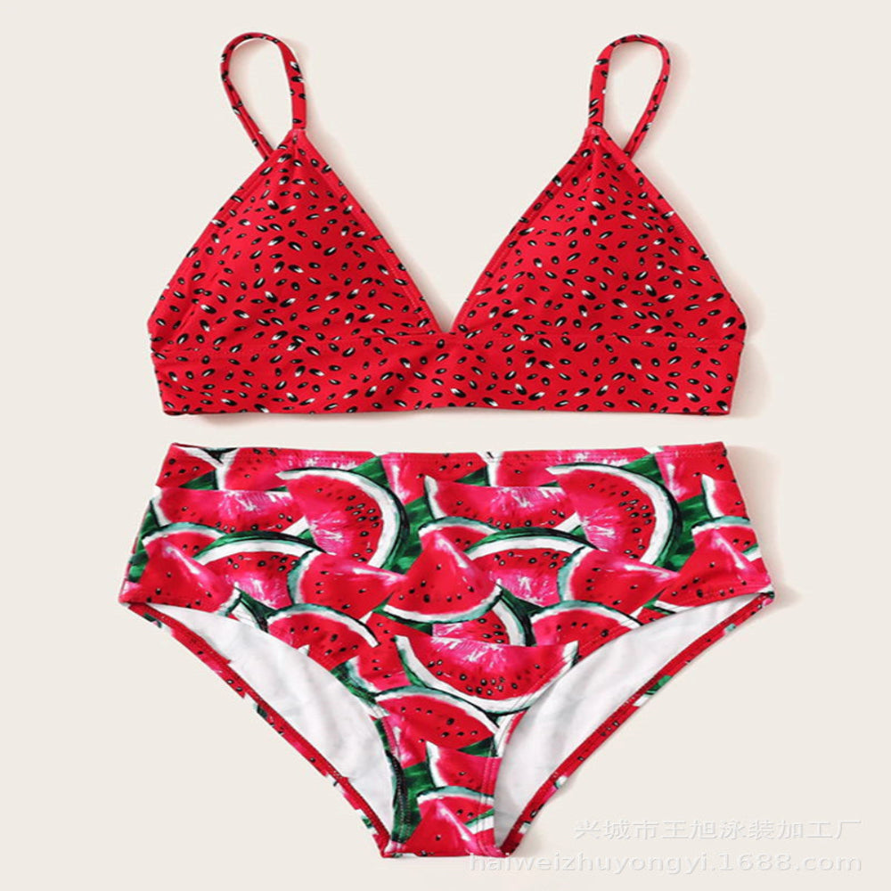 Red bikini set with watermelon pattern on a beige background