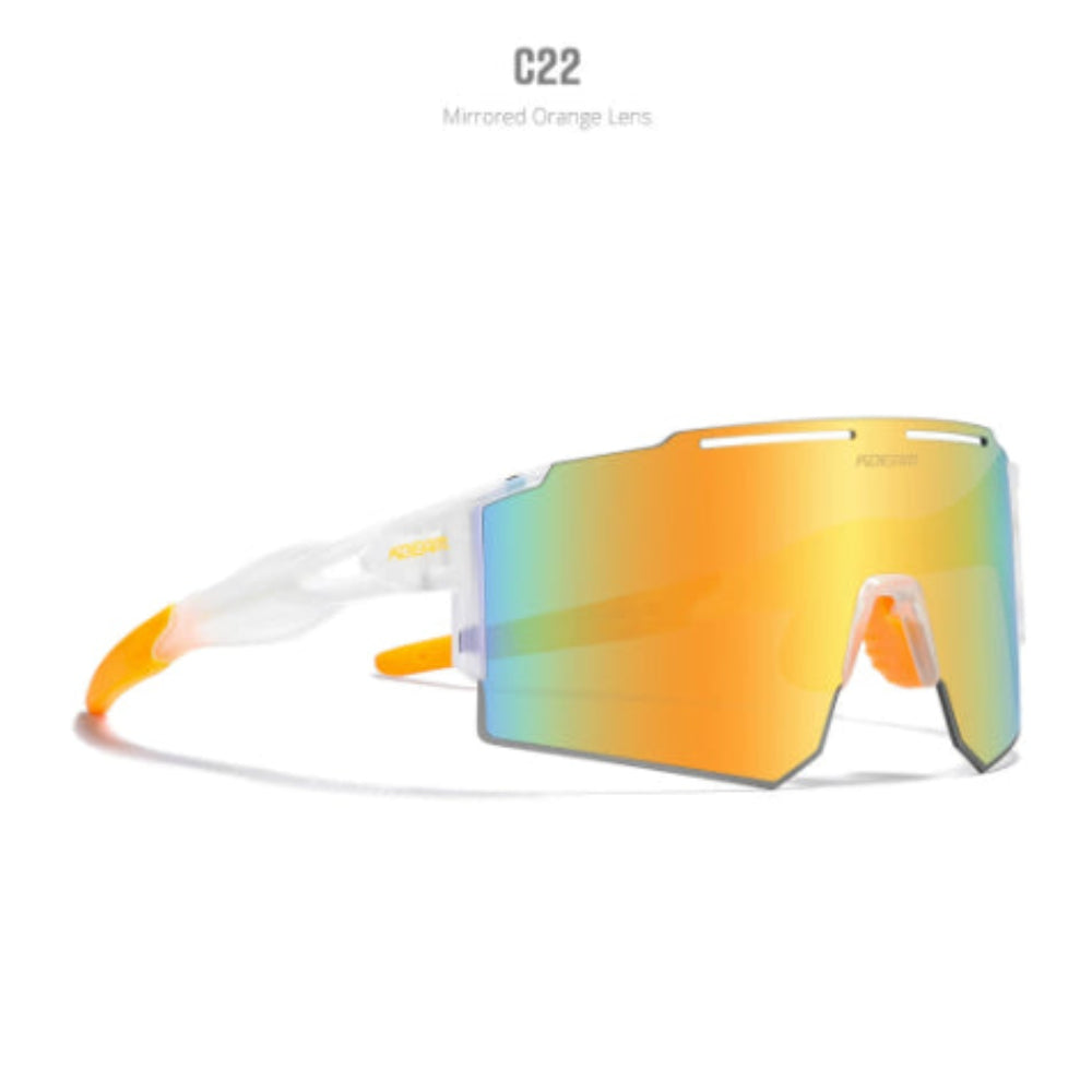 Futuristic white translucent sport sunglasses with orange accents featuring a large vibrant orange-to-green iridescent mirrored shield lens and performance design