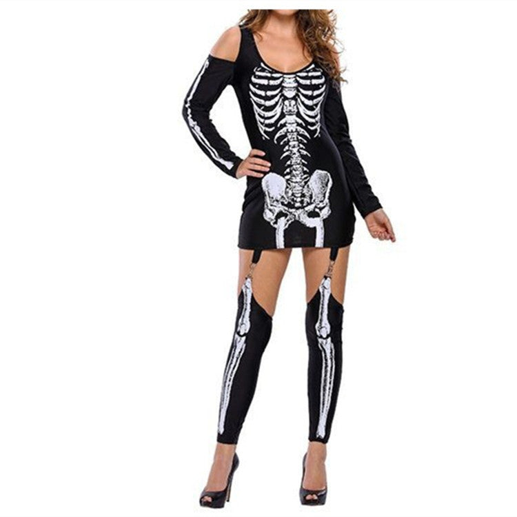 Skull Skeleton Print Off-Shoulder Costume - Halloween 2025