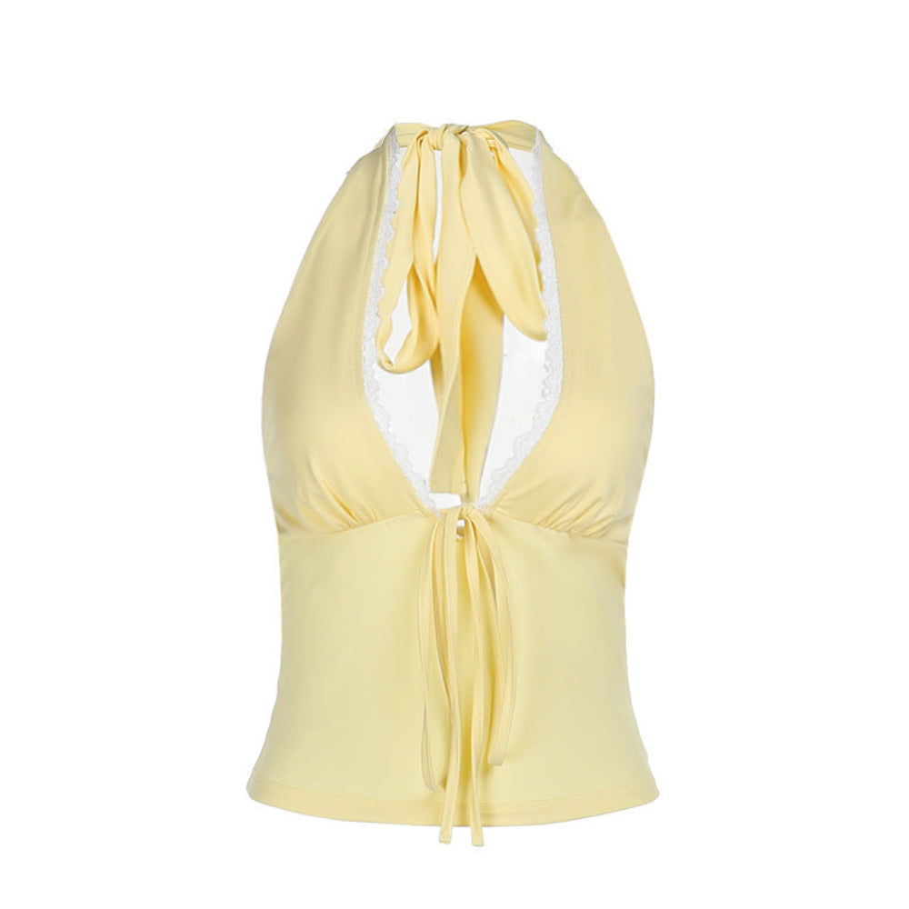 Yellow Lace Trim Halter Crop Top - Pale Yellow Plunging V-Neck Tie Front and Back Ribbed Crop Top for Women