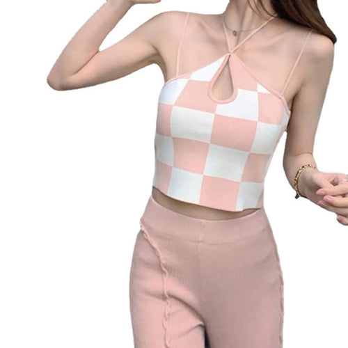 Pink Checkered Halter Crop Top - Pink and White Checkerboard Keyhole Cutout Strappy Crop Top for Women